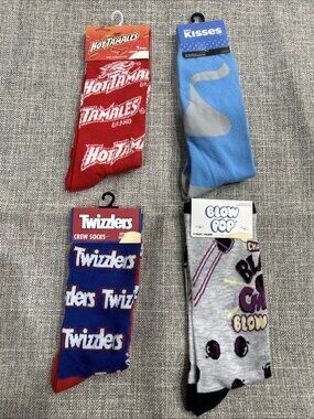 Lot of 4 Novelty Crew Socks Pop Culture Twizzlers Blow Pop Kisses Hot Tamales